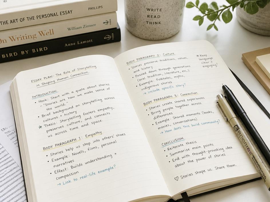 Caderno aberto com anotações de estrutura de redação e livros ao fundo