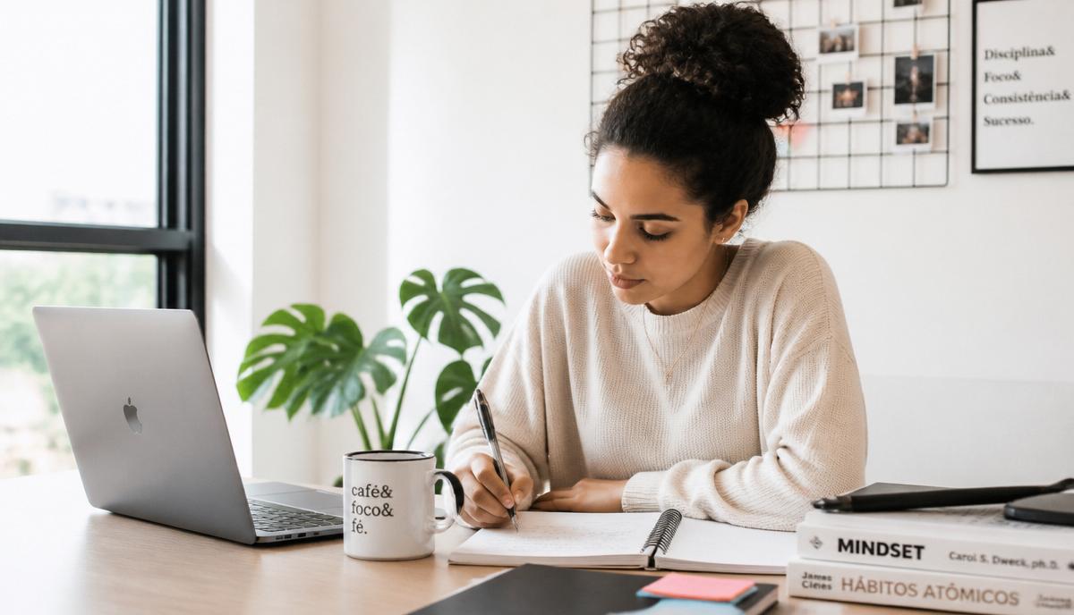 Estudante concentrada estudando em um ambiente moderno e iluminado com laptop e caderno